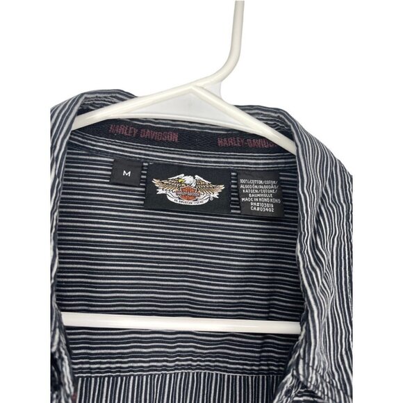 Harley Davidson Button Down Long Sleeve Embroidered Striped Shirt Size M Black G - Picture 4 of 9